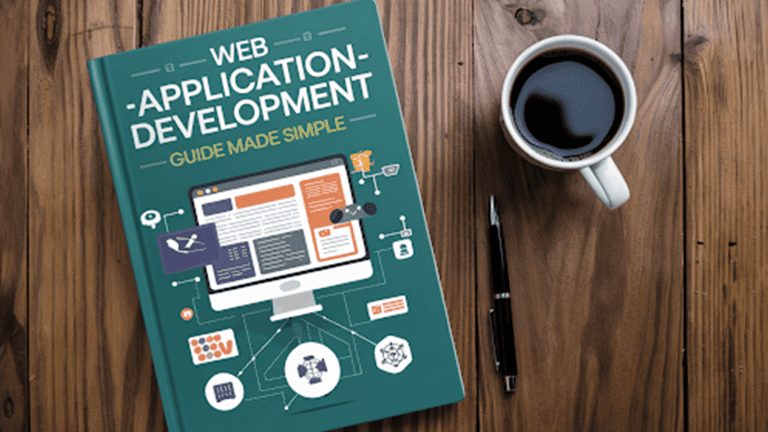 Book-on-a-table-with-a-coffee-mug-featuring-the-title-'Web-Application-Development-Guide-Made-Simple'-written-on-the-cover