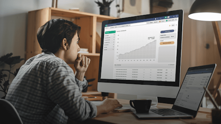 Person-analyzing-financial-data-on-a-computer-screen-with-search-engine-optimization-services-including-graphs,-next-to-a-laptop-and-coffee-mug.