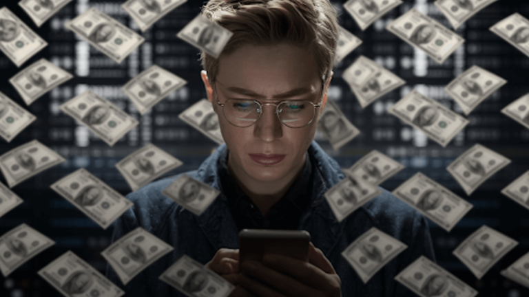 A-person-focused-on-their-smartphone,-surrounded-by-floating-dollar-bills,-with-a-digital-data-backdrop-implying-financial-or-currency-transactions