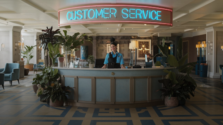 A-woman-stands-at-the-hotel-front-desk,-engaging-with-the-receptionist-in-a-welcoming-environment