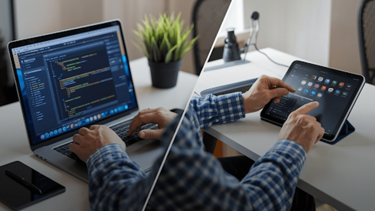 Developer-coding-with-both-web-and-mobile-app-previews-on-screen