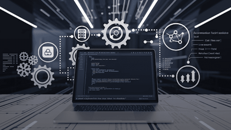Laptop-displaying-code-with-automation-testing-tool-icons-(Selenium,-Appium,-JUnit)-and-a-tech-inspired-background-featuring-gears-and-flowcharts,-symbolizing-efficient-software-testing.