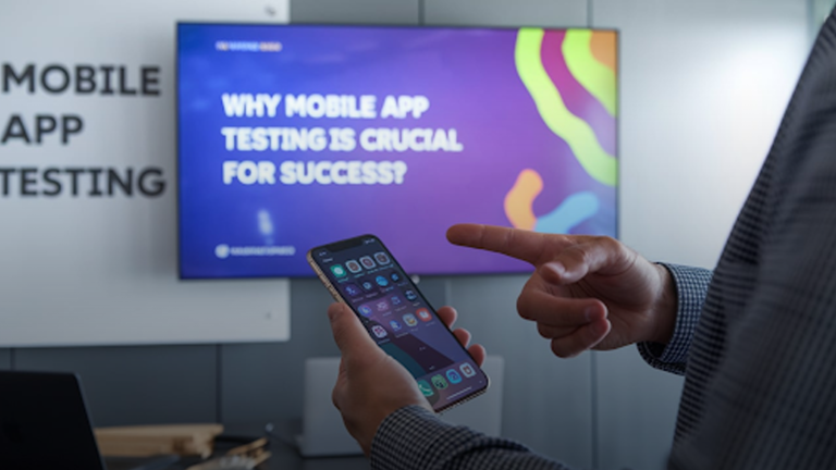 A-person-points-at-a-smartphone-with-app-icons,-while-a-screen-behind-displays-WHY-MOBILE-APP-TESTING-IS-CRUCIAL-FOR-SUCCESS-in-a-professional-office-setting.