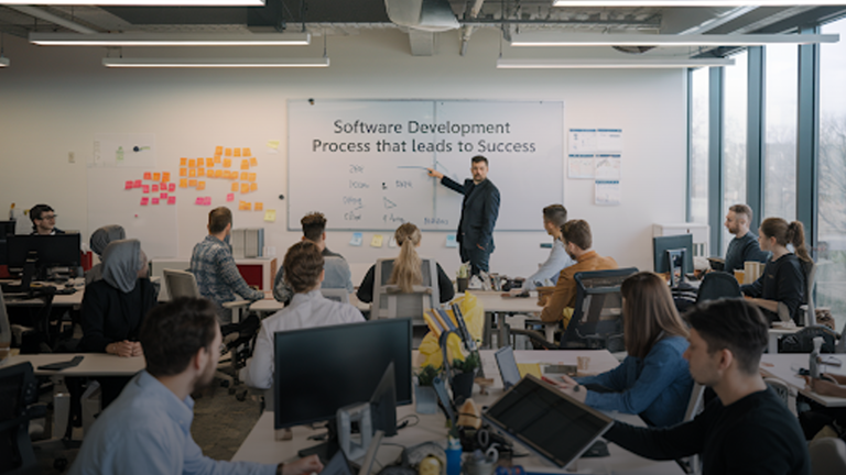 A-professional-office-setting-where-a-presenter-explains-the-Software-Development-Process-That-Leads-to-Success-to-a-team,-with-sticky-notes-on-the-wall