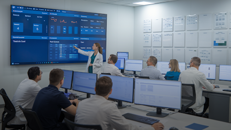 A-high-tech-medical-control-room-with-a-team-reviewing-data-on-screens-during-a-presentation