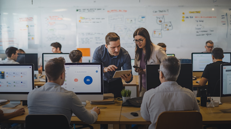 A-team-of-developers-collaborating-in-a-modern-office,-discussing-ideas-with-screens-displaying-software-interfaces