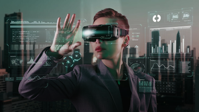 A-young-professional-wearing-a-VR-headset-interacts-with-a-futuristic-augmented-reality-interface,-displaying-data-charts,-graphs,-and-digital-elements-against-a-city-skyline-backdrop