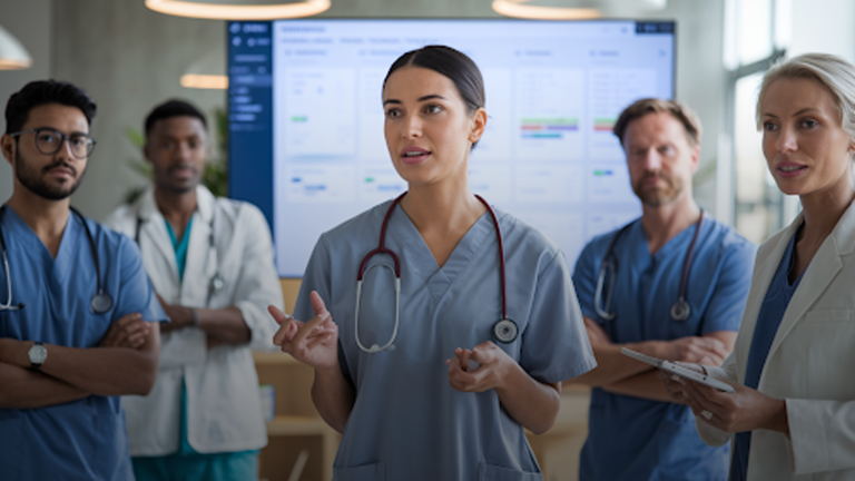 Healthcare-professionals-discussing-strategies,-with-medical-data-on-screen,-highlighting-Healthcare-CRM-software-development