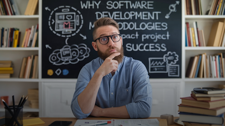 Man-thinking-in-front-of-a-chalkboard-about-software-development-methodologies