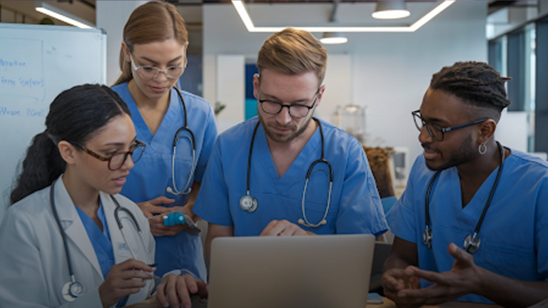 Medical-team-in-blue-scrubs-collaborating-around-a-laptop-in-a-modern-healthcare-setting
