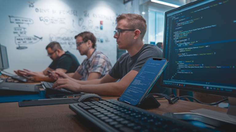 A-development-team-collaborating-on-code-with-mobile-and-desktop-screens,-illustrating-hands-on-web-application-development-tips-in-action