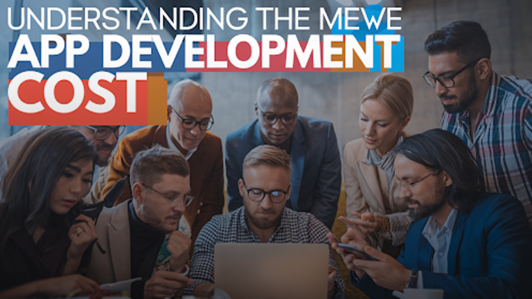A-diverse-team-collaborates-around-a-laptop,-analyzing-the-MeWe-app-development-cost.