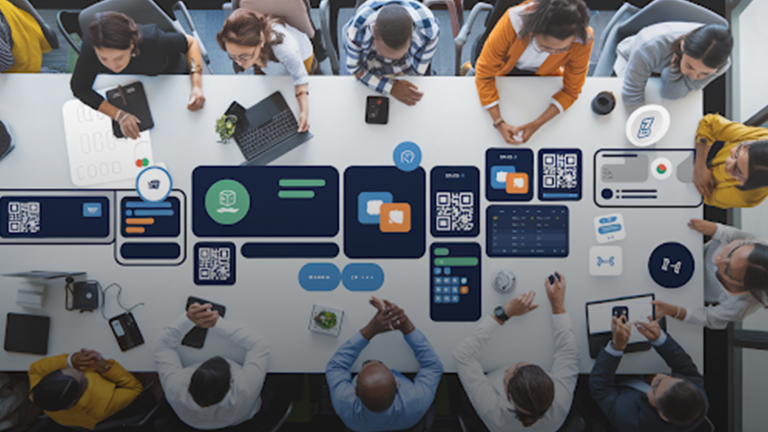 Diverse-team-collaborating-on-Cash-App-development-around-a-digital-interface-table-filled-with-app-icons,-QR-codes,-and-data-visuals