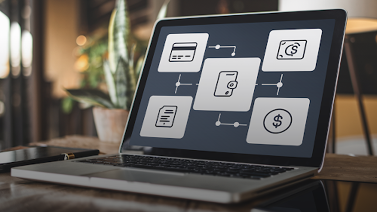 Laptop-screen-displaying-digital-wallet-and-payment-processing-icons,-representing-online-financial-technology-systems