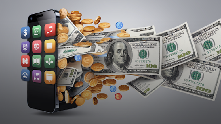 Smartphone-with-colorful-app-icons-unleashing-a-stream-of-dollar-bills-and-gold-coins,-symbolizing-mobile-app-revenue.