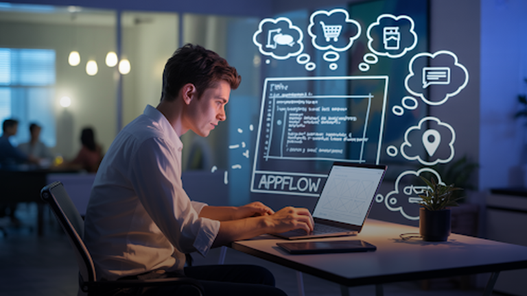 A-person-working-on-a-laptop-to-make-an-app,-with-colorful-2D-art-pop-ups-appearing-on-the-screen